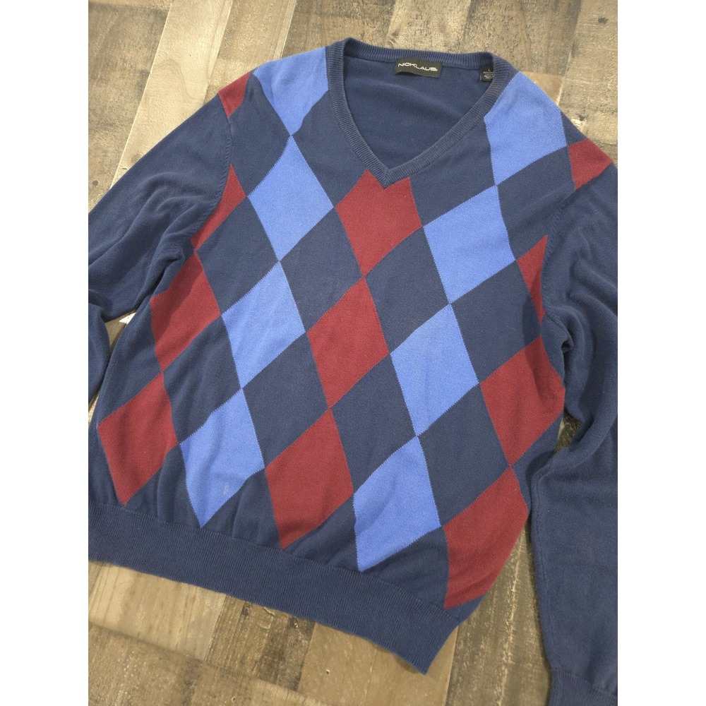 Nicklaus Mens V-Neck Argyle Sweater Navy Blue Pima Cotton Long Sleeve Golf Large